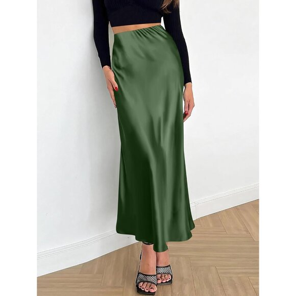 Women's Army Green Satin Dressy Casual Zipped High Waisted Flowy Silk Maxi Skirt - Picture 3 of 7
